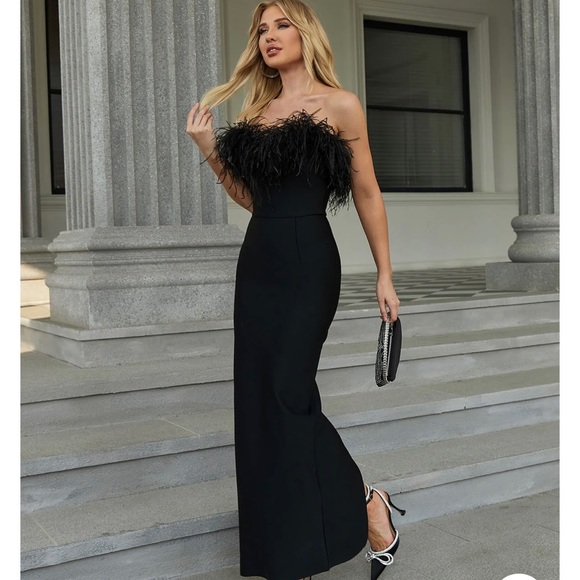 Strapless Feather Trimmed Feather Dress - Picture 2 of 5